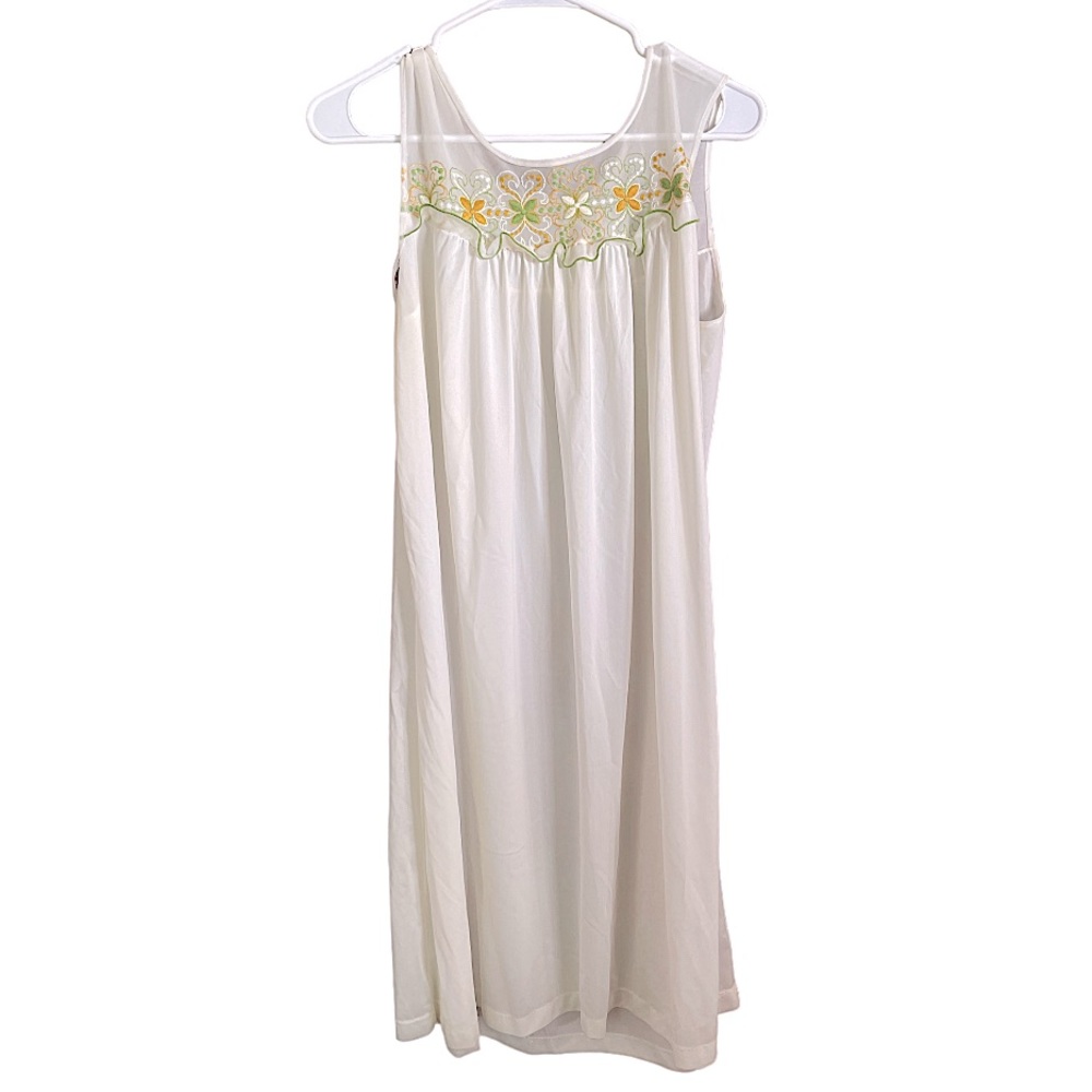 Vintage 70s 80s Nightgown Orange Green Embroidery White M/L - Picture 1 of 4